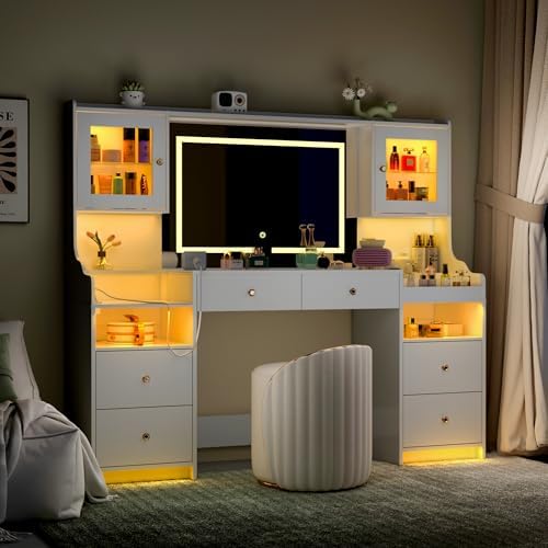 wanan 62" Large White Vanity Desk with Glass Top, Makeup Vanity with Mir...