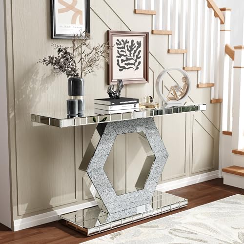 SSLine 2-Piece Set Mirrored Console Table with Wall Mirror, 55" Modern M...