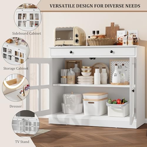 GarveeHome Modern 35.4" Sideboard Buffet Cabinet with Glass Door, White