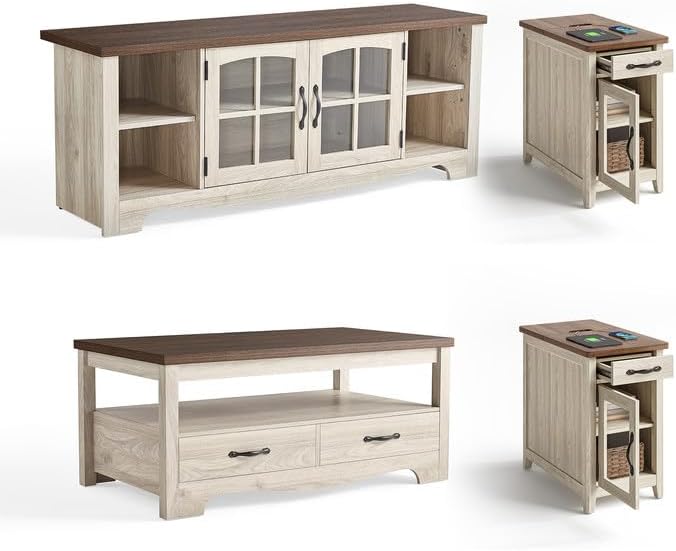 LINSY HOME Living Room Table Sets 4 Piece with TV Stand, Farmhouse TV Stand f...