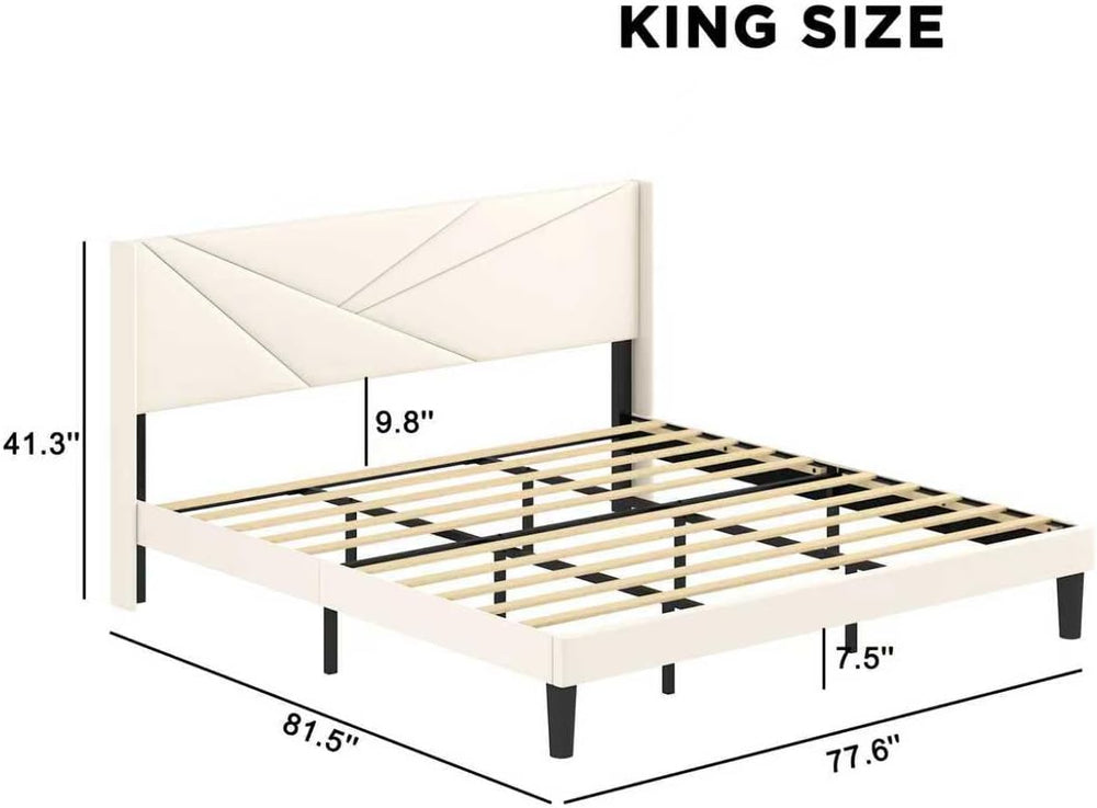 King Size Bed Frame with Upholstered Wingback Headboard, Easy Assemnly Platfo...