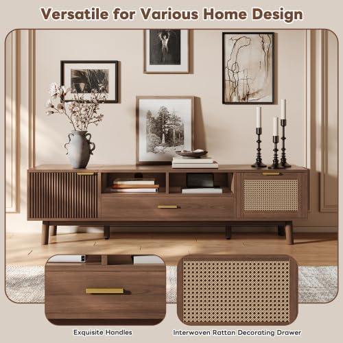 Bellemave TV Stand for up to 75", Solid Wood TV Consoles with Storage Drawer & Open Shelves, Modern Entertainment Center with Drop-Down Door Cabinet for Living Room, Bedroom (Dark Brown)