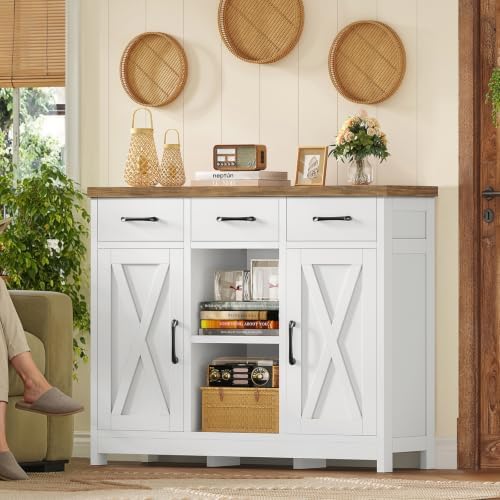 TEENFON Storage Cabinet, Coffee Bar Cabinet with 3 Drawers, 2 Adjustable Shel...