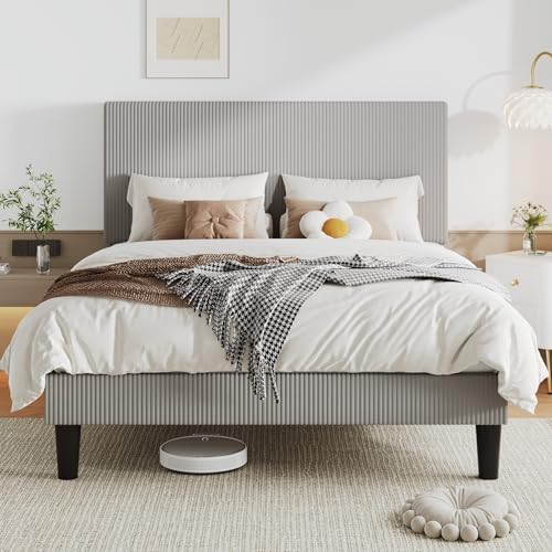 Allewie Full Bed Frame, Corduroy Tufted Headboard, Light Grey