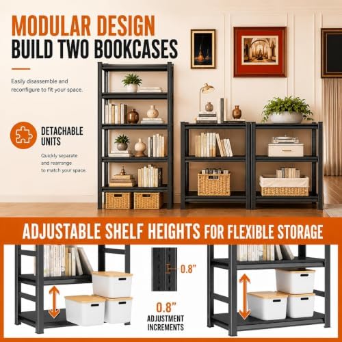 Bolt-Free Metal Bookshelf, Adjustable Tall Bookcase Freestanding Book Shelf, ...