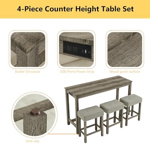 Merax 59" Bar Table Set with Power Outlet,Industrial Breakfast Table wit...