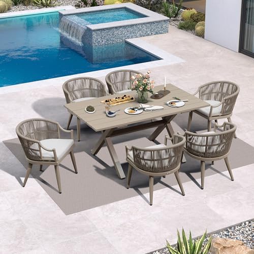 PURPLE LEAF Patio Dining Set for 6 Ergonomic Backrest & Cushion, Champagne