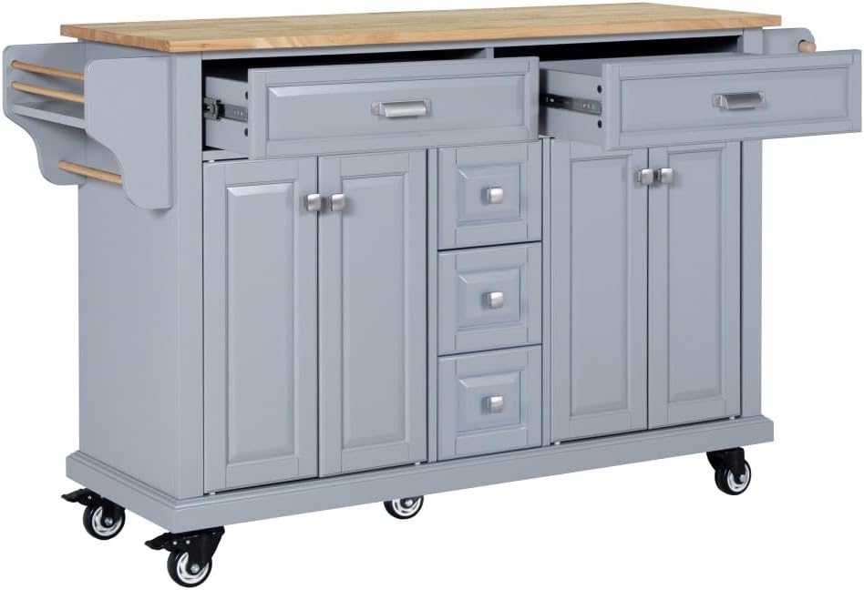 Kitchen Island with Rubberwood Top, 5 Drawers, Cabinet and Wheels, Grey | Rol...