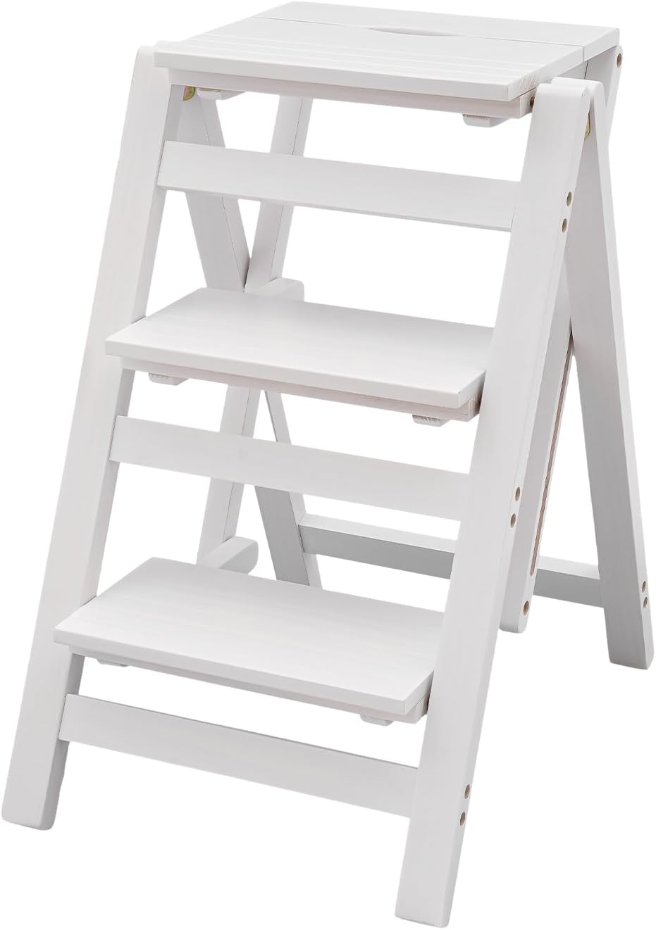 Step Stool for Adults Step Ladder Counter Chair, 3-Step Folding Portable Wooden Step Stool for Library Home Kitchen, 220 lbs White