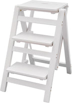 Step Stool for Adults Step Ladder Counter Chair, 3-Step Folding Portable Wooden Step Stool for Library Home Kitchen, 220 lbs White