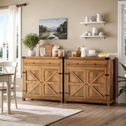 YESHOMY Farmhouse Coffee Bar and Accent Cabinet with Barn Doors, Brown