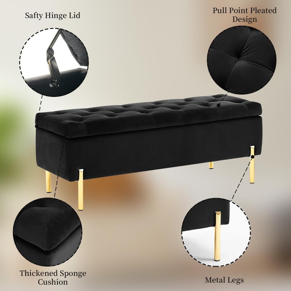 45.6 Inch Velvet Storage Bench Tufted Upholstered Ottoman Bench, Bedroom Benc...