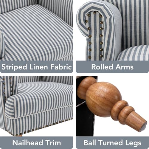 Blue Striped Linen Fabric Accent Chair, Coastal Upholstered Armchair with Nai...