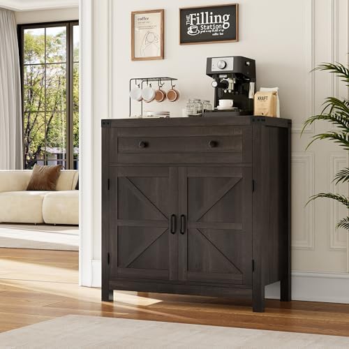 HOSTACK Kitchen Storage Cabinet, Farmhouse Coffee Bar Cabinet, Dark Brown