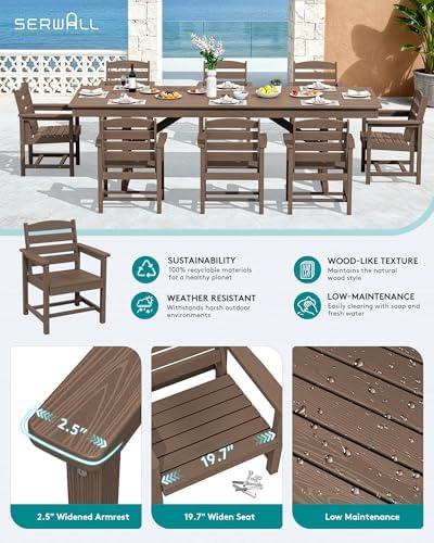 SERWALL 9Pcs 84" HDPE Outdoor Dining Set for 8 with Armchairs,Brown
