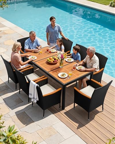 Flamaker Patio Dining Set for 8 Outdoor Acacia Wood Table and Chairs, Black