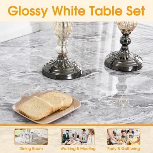 JUFU 7-Piece Dining Table Set for 6, 63-Inch Faux Marble, White/Platinum