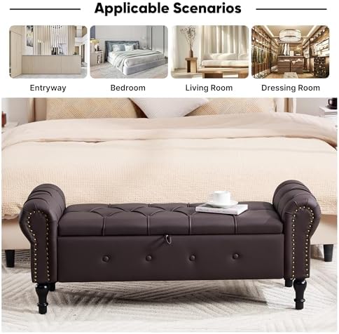 Storage Bench 51" Faux Leather End of Bed Benches Dark Brown | Queen Siz...