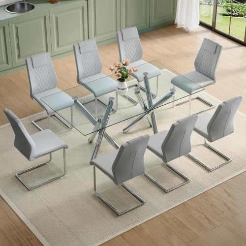 Ebullient 71" Glass Dining Table Set for 8, Dining Set Table and 8 Chairs