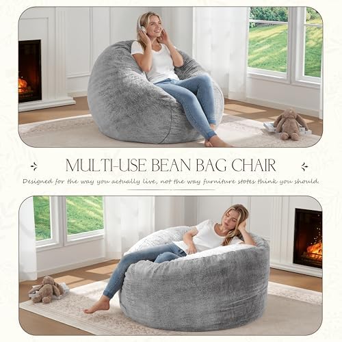 ZurNesfure Bean Bag Chair for Adults,3FT Giant Bean Bag Chair Grey,Medium | F...