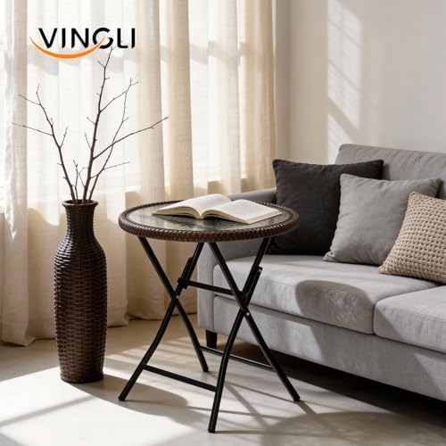 VINGLI 23.6in Modern Brown Rattan Folding Glass Outdoor Side Table, Small Pat...