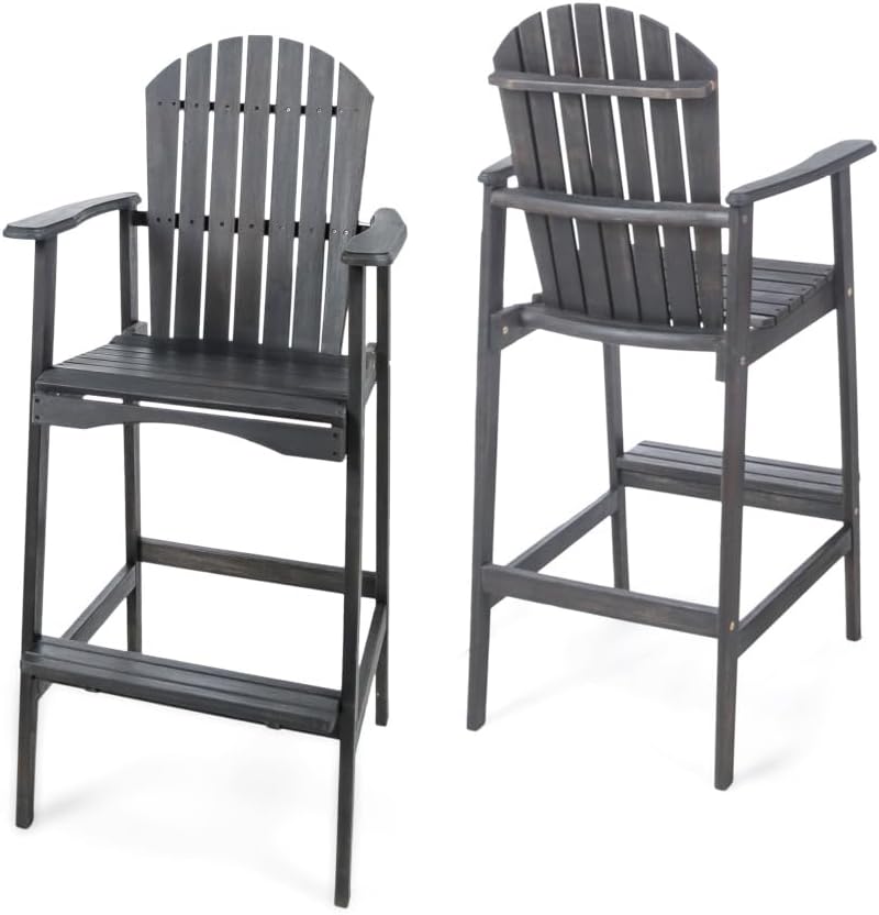 Saiveina Outdoor Acacia Wood Adirondack Barstools, Set of 2, Dark Gray