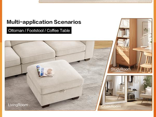 TEKAMON 27.5" Storage Ottoman, Square Footrest with Sponge Padded Seat, Chenille Fabric Step Stool for Sofa, Bedroom, Living Room, Entryway, Modern Change Shoes Stool, Wood Legs, (Beige)
