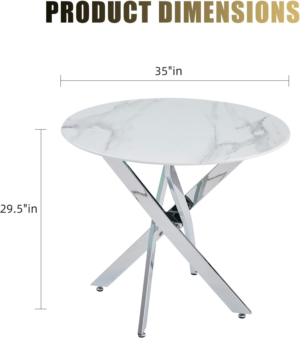 35.4 Inch Marble Dining Table for 4, Modern Round Kitchen Table with Silver L...
