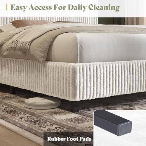 AMERLIFE Full Bed Frame, Upholstered Metal Platform Bed, Cream