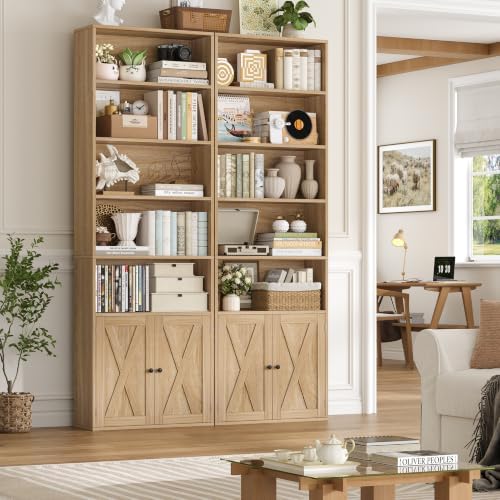 FACBOTALL 82" Tall Bookcase, Farmhouse Bookshelf with Doors,Light Oak