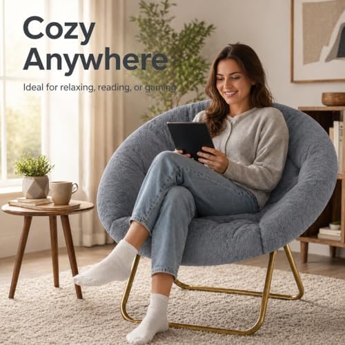 Simple Deluxe Cozy Chair, Faux Fur Saucer Chair for Bedroom, Comfy Foldable M...