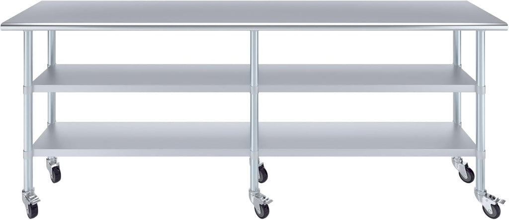 AmGood Stainless Steel Work Table with 2 Shelves and Casters | Metal Utility Table On Wheels (Stainless Steel, 96" Long x 18" Deep)