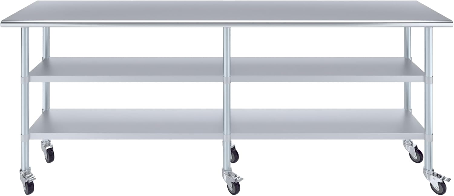 AmGood Stainless Steel Work Table with 2 Shelves and Casters | Metal Utility Table On Wheels (Stainless Steel, 96" Long x 18" Deep)