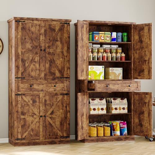 BORNOON Pantry Organizers and Storage Cabinet, 67.71” Barn Door White Kitchen...