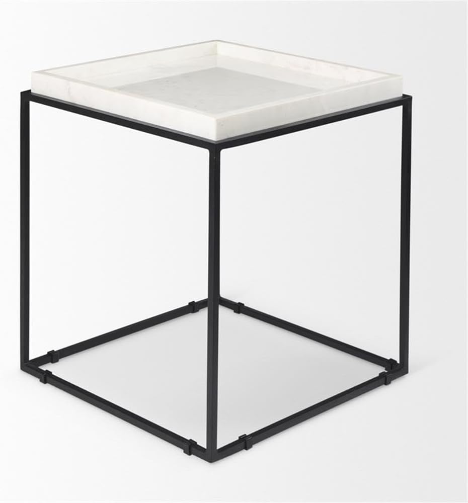 Pemberly Row Square White Marble and Black Metal End Table, 18 in x 18 in x 2...