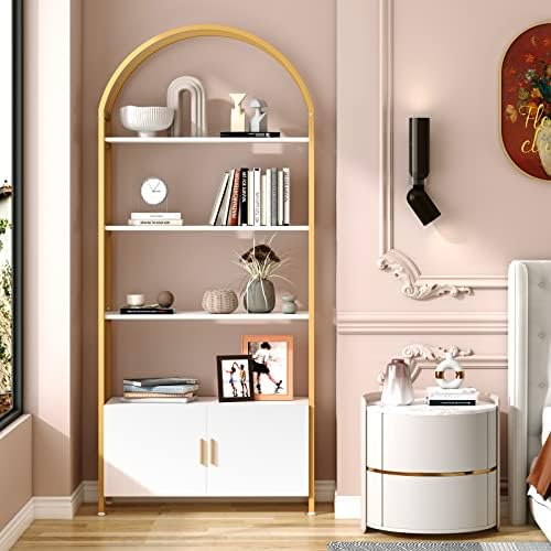 Jehiatek Gold Bookshelf, Arched Bookcase with Doors Storage, 71" Tall In...