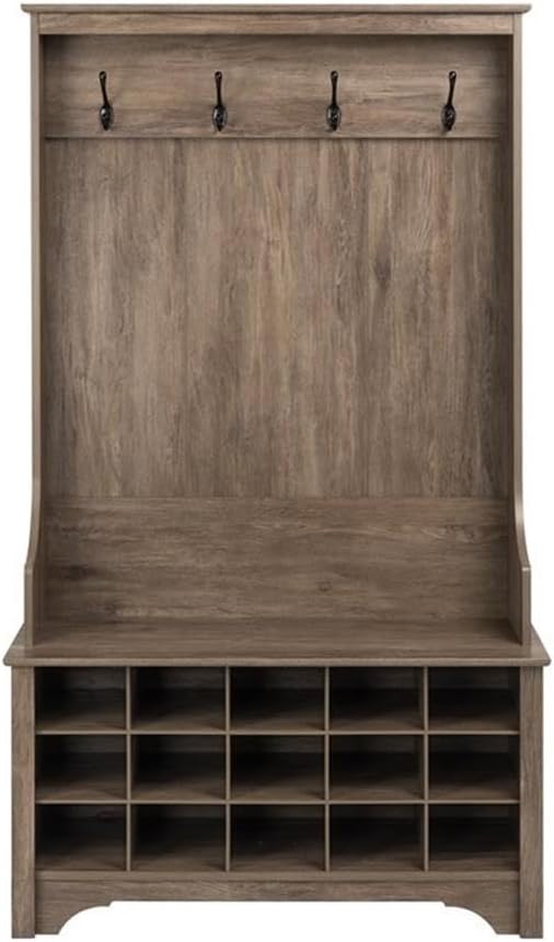 Prepac Entryway Organizer with 4 Coat Hooks, Coat Rack Hall Tree with Bench and Coat Storage, Furniture for Entryway with 15 Cubbies for Shoe Storage, 38” W x 68” H x 15.5” D, Drifted Gray