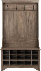 Prepac Entryway Organizer with 4 Coat Hooks, Coat Rack Hall Tree with Bench and Coat Storage, Furniture for Entryway with 15 Cubbies for Shoe Storage, 38” W x 68” H x 15.5” D, Drifted Gray