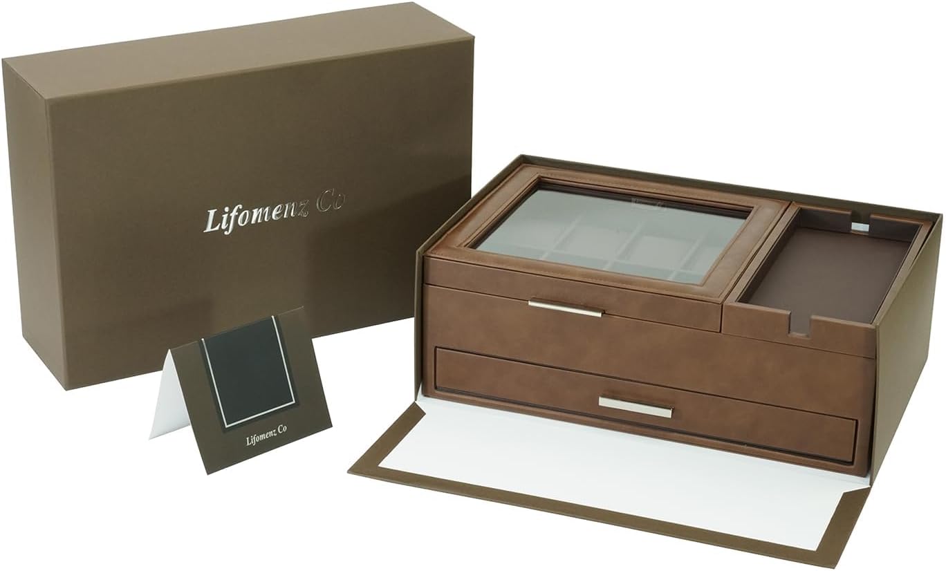 Men's Jewelry Box Organizer - 8 Watch Slots Valet Tray with Drawer for Watch, Phone, Wallet, Ring, Cufflink - Brown