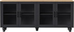 Ball & Cast Farmhouse TV Stand with Tempered Glass Doors for TVs up to 70",Sideboard Buffet w/5 Solid Wood Gourd-Shaped Legs & Adjustable Shelf,Entertainment Center for Living Room,Black+Natural