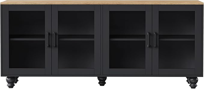 Ball & Cast Farmhouse TV Stand with Tempered Glass Doors for TVs up to 70",Sideboard Buffet w/5 Solid Wood Gourd-Shaped Legs & Adjustable Shelf,Entertainment Center for Living Room,Black+Natural