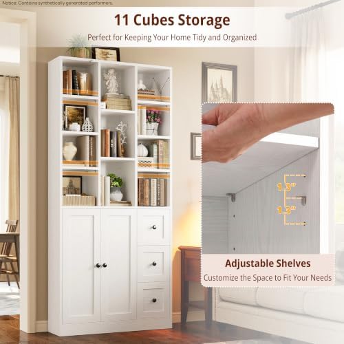 IRONCK Bookshelf with 2 Doors and 3 Drawers, 71" Storage Bookcase, White