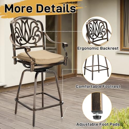 VINGLI Outdoor Swivel Bar Stools Set of 2, Cast Aluminum Patio Bar Height Cha...