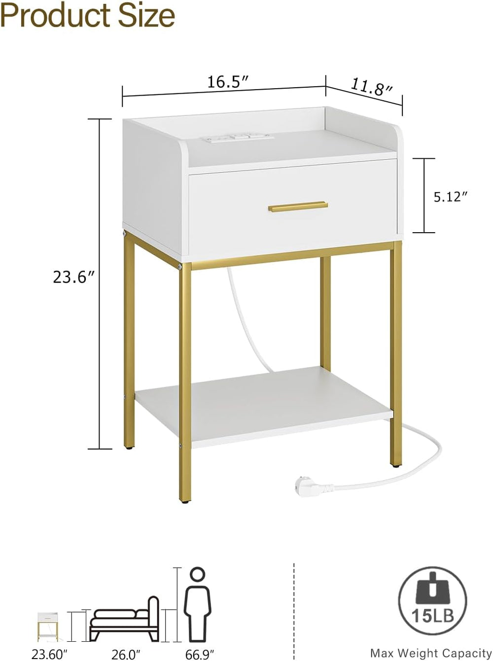 Masupu Nightstand with Charging Station,3-Tier Modern Bedside Night Stand wit...