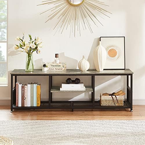 VECELO Industrial TV Stand for Televisions up to 65 Inch, 55" Entertainment Center with Open Storage Shelves for Living Room/Bedroom, 3 Tiers Media Console Table with Metal Frame, Grey, 55 Inches