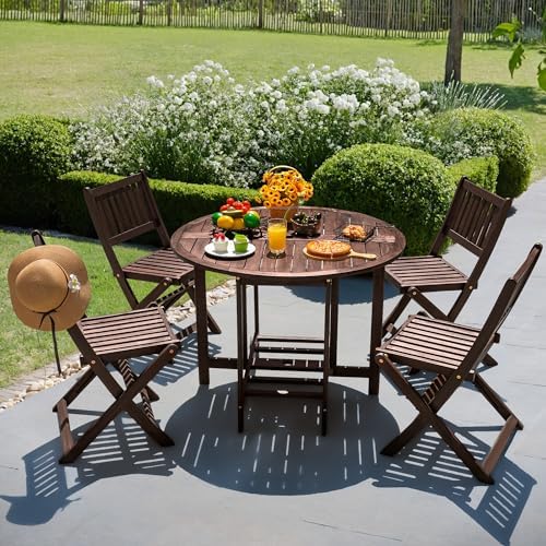 Devoko Acacia Wood Outdoor Patio Folding Table and Chairs Set for 4
