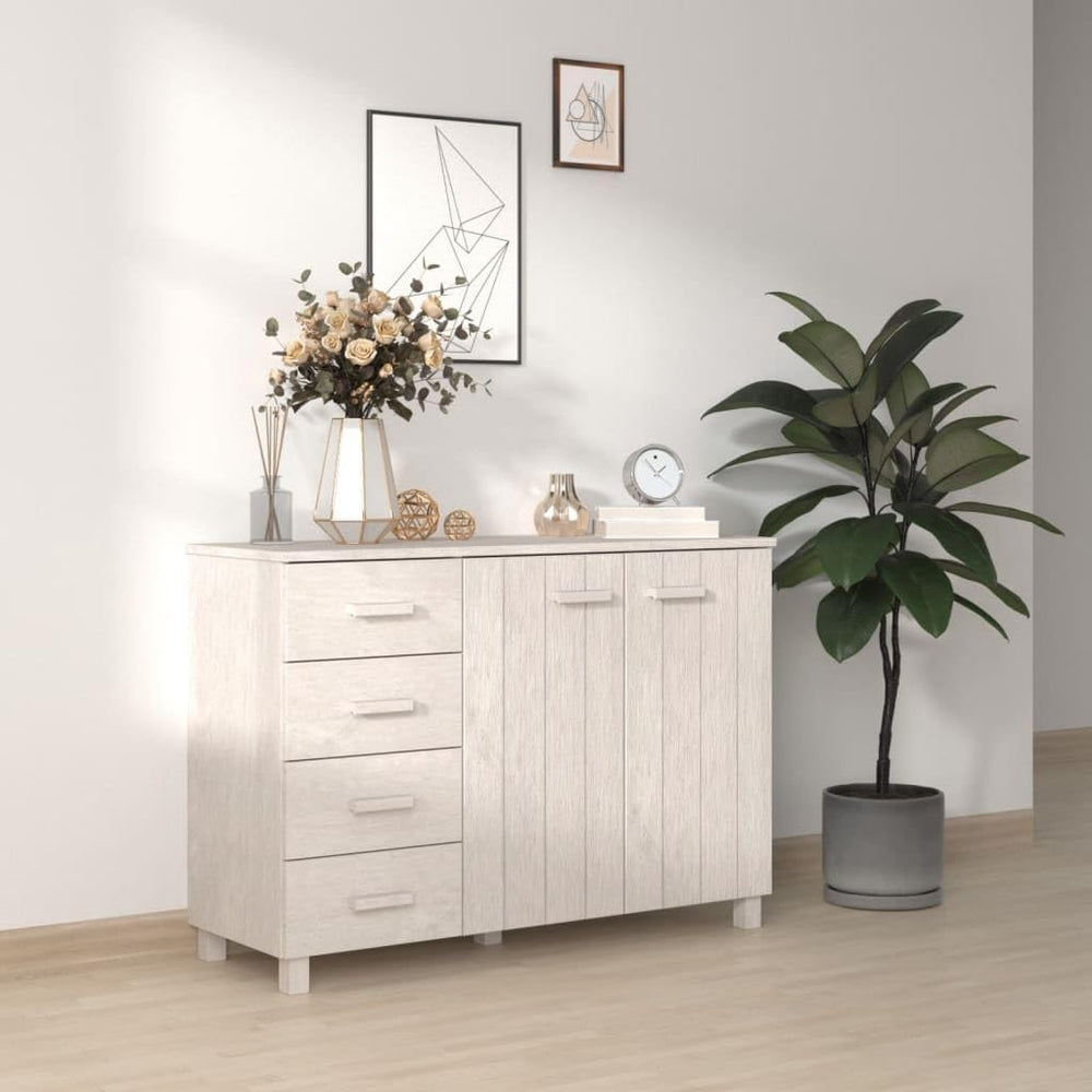 White Solid Pinewood and MDF Sideboard with 4 Drawers and 2 Doors, Modern Sto...