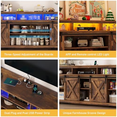 70" LED Farmhouse TV Stand for 80/75/70 Inch TVs,Tall Entertainment Cent...