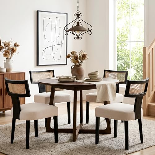 HNY Mid Century Modern Rattan Dining Chairs Set of 4, Farmhouse Linen Upholst...