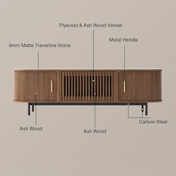POVISON Fully-Assembled Sliding Tambour Door TV Stand, Mid Century Modern Sintered Stone TV Console, Wood Media Console for 75 Inch TV, Entertainment Center with Storage Cabinet (Walnut, 78.74")